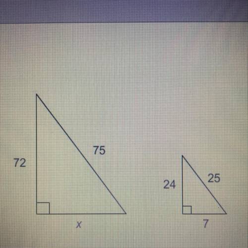 The triangles are similar.
What is the value of x?
Enter your answer in the box.
X=