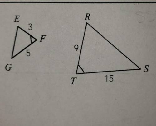 determine whether the triangles are similar. If similar, state how (AA, SSS, or SAS), and write a s