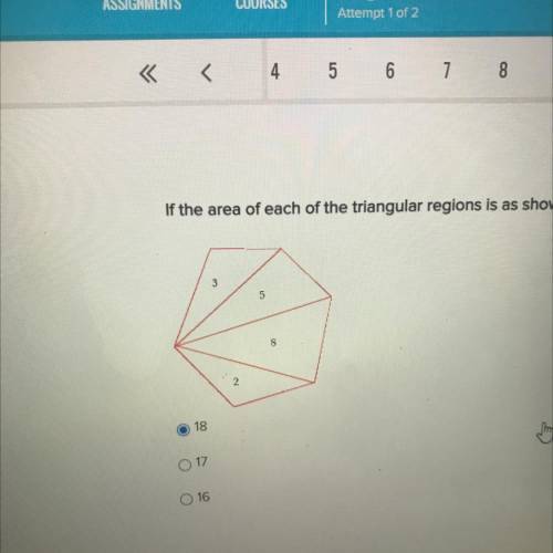 If the area of each of the triangular regions is as shown, what is the area of the polygon?

18
17