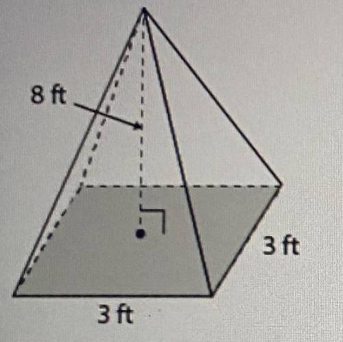What is the volume of a square pyramid that is 8 feet tall with base edges of 3 feet ?

A.) 24 cub