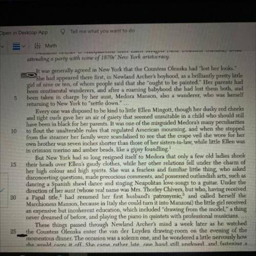 Question: the use of flashback in lines 2 through 23 serves to

(1) relate Countless Olenska’s his