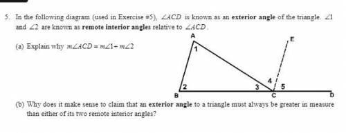 In the following diagram (used in Exercise #5), ∠ACD is known as an exterior angle of the triangle.
