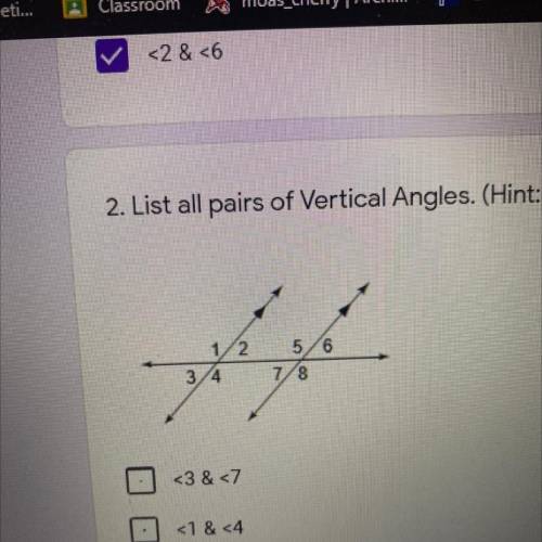 List all pairs of Vertical angles