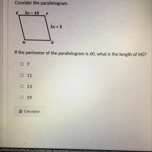 Consider the parallelogram.

If the perimeter of the parallelogram is 60, what is the length of HG