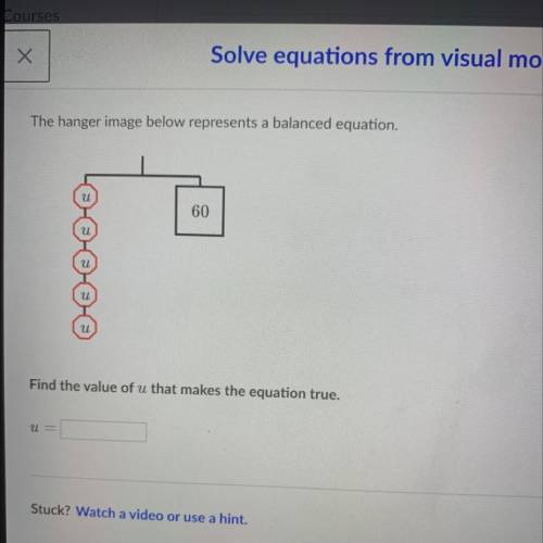 The hanger image below represents a balanced equation.

60
Find the value of u that makes the equa