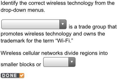 Identify the correct wireless technology from the drop-down menus. _______ is a trade group that pr
