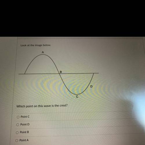 Look at the image below.

A
A
B
Which point on this wave is the crest?
Point
Point D
Point B
Point
