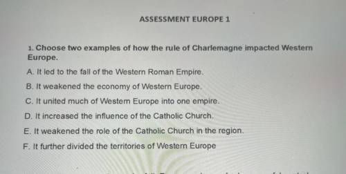 ASSESSMENT EUROPE 1

1. Choose two examples of how the rule of Charlemagne impacted Western
Europe