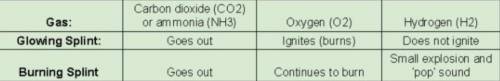 Use the data table below. What are the two gases present in the test tube If the glowing splint ign