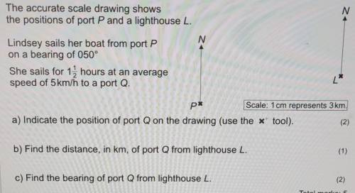 The accurate scale drawing shows the positions of port P and a lighthouse L. Lindsey sails her boat
