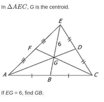 In ΔAEC, G is the centroid. If EG = 6, find GB ( If you can Please tell me if there are other websi
