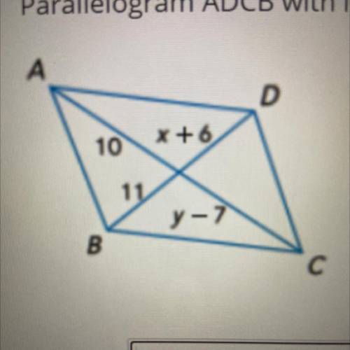 Parallelogram ADCB with intersecting diagonals is shown below. Find the value of x.