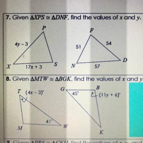 8. Given AMTW - ABGK, find the values of x and y.

B
T (4x – 3)
4(lly + 6)
45
41
M
(ANSWER NUMBER