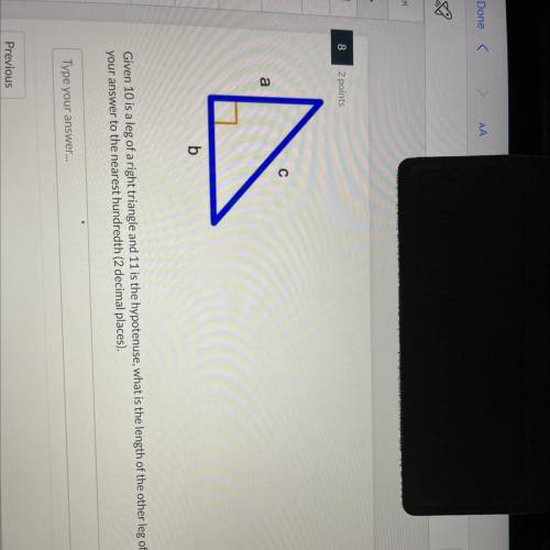 Given 10 is a leg of a right triangle and 11 is the hypotenuse, what is the length of the other leg