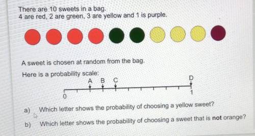 There are 10 sweets in a bag.

4 are red, 2 are green, 3 are yellow and 1 is purple.A sweet is cho