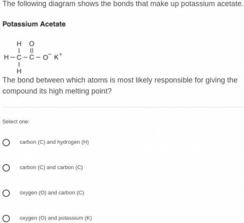 The following diagram shows the bonds that make up potassium acetate.
