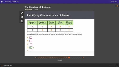 Please help. Using the periodic table, complete the table to describe each atom. Type in your answe