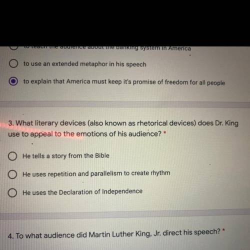 3. What literary devices (also known as rhetorical devices) does Dr. King

use to appeal to the em