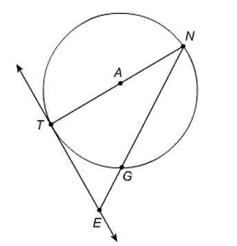 Line ET is tangent to circle A at T, and the measure of arc TG is 46°.

What is the measure of ∠GE