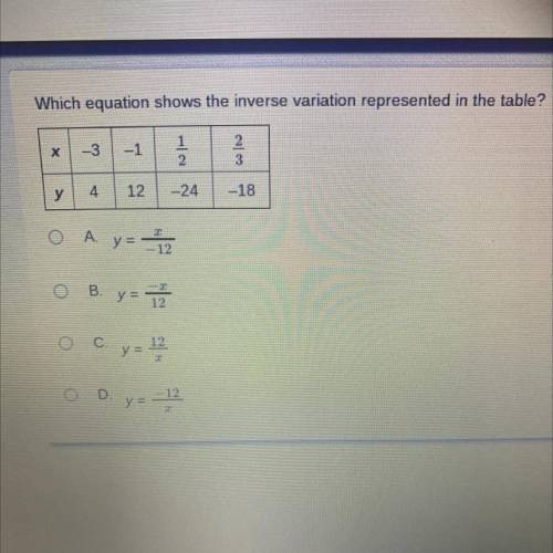 Which equation shows the inverse variation represented in the table?