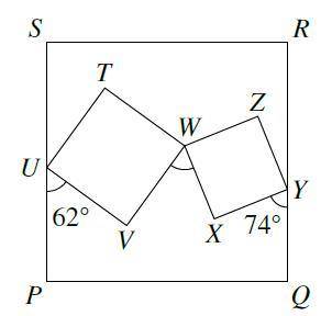 The diagram shows three squares,

P
Q
R
S
, 
T
U
V
W
and 
W
X
Y
Z
.
Angles 
P
U
V
and 
Q
Y
X
are