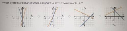 Which system of linear equations appears to have a solution of (3,0)?
