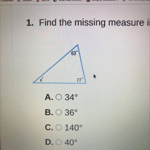1. Find the missing measure in the triangle below.