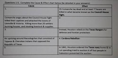 Republic of Texas Activity

Questions 1-5. Complete the Cause & Effect chart below (be detaile