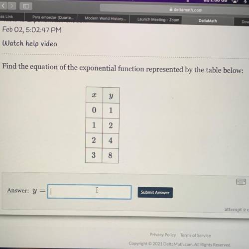 Find the equation of the exponential function represented by the table below:

0 1
1
2
2
4
1
3
8