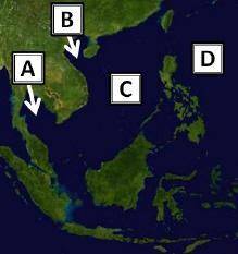 Each of the letters on the map above marks a body of water in Southeast Asia. Which two letters rep
