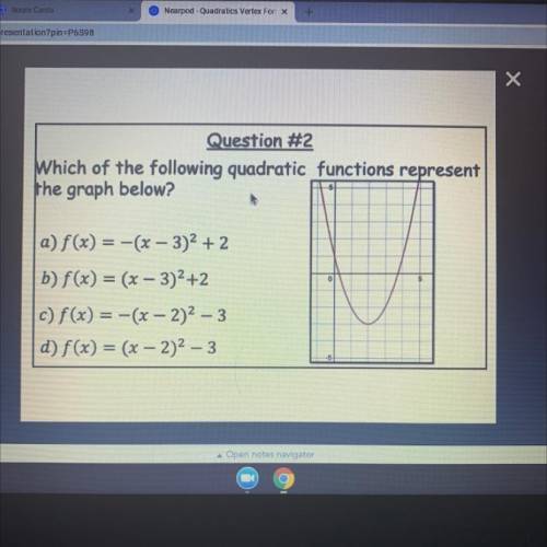 Question #2

Which of the following quadratic functions represent
The graph below?
a) f(x) = -(x -