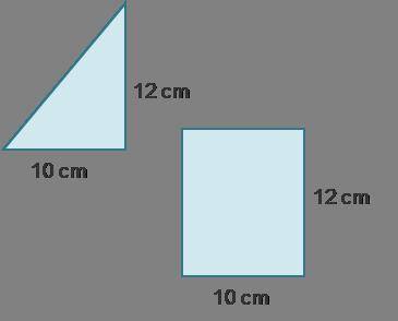 A triangle has a base of 10 centimeters and a height of 12 centimeters. A rectangle has a base of 1