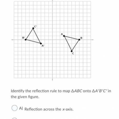 Identify the reflection rule to map ΔABC onto ΔA′B′C′ in the given figure.

Question 7 options:
HE