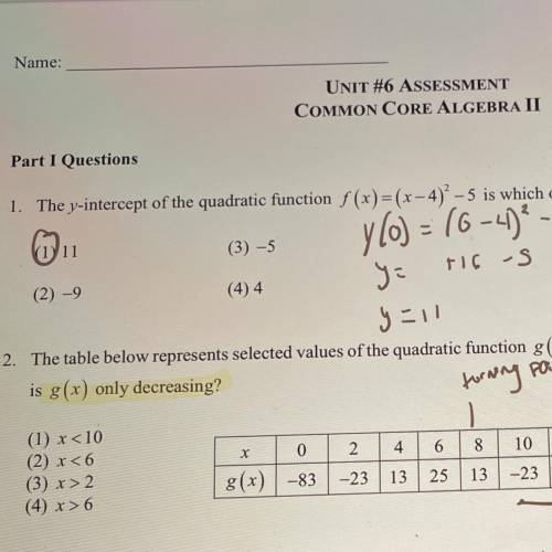 HELP PLS ITS QUESTION #2. The table below represents selected values of the quadratic function g(x)