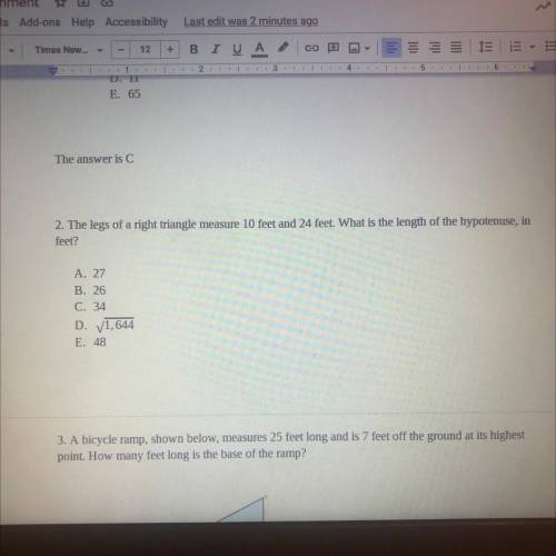 4. A right triangle has legs with lengths of 6 feet and 9 feet. The hypotenuse of the triangle, in