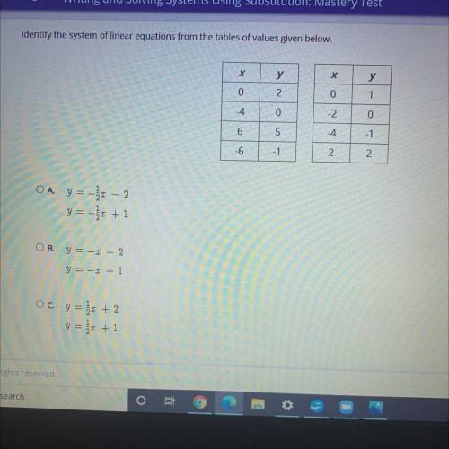 Identify the system of linear equations from the tables of values given below.