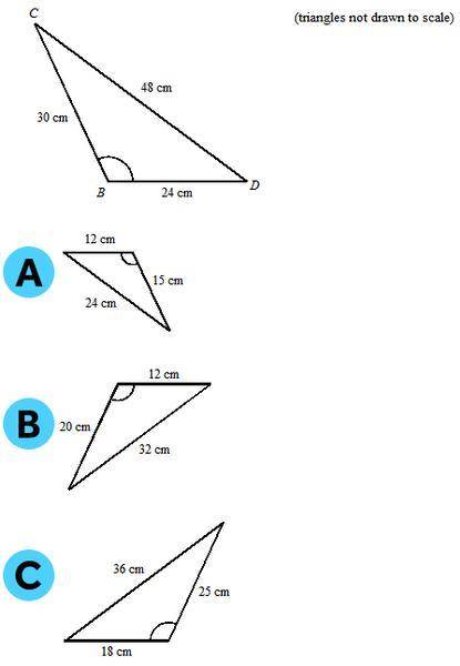 Which triangle is similar to △BCD?
Please help me is it A, B, or C please help me please