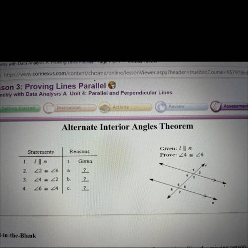 Fill In The Blank

Use the Alternate Interior Angles Theorem diagram to answer the question. Give