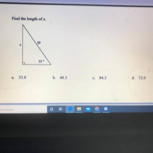 Find the length of x.
a. 33.8
b. 48.3
c. 84.3
d. 72.0