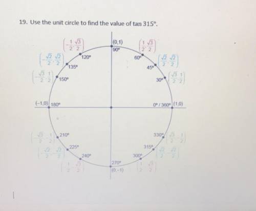 19. Use the unit circle to find the value of tan 315º.
Show work pls.