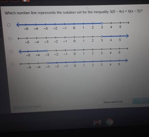 Which statement line represents the solution set for the inequality 3(8 - 4x) < 6(x - 5)