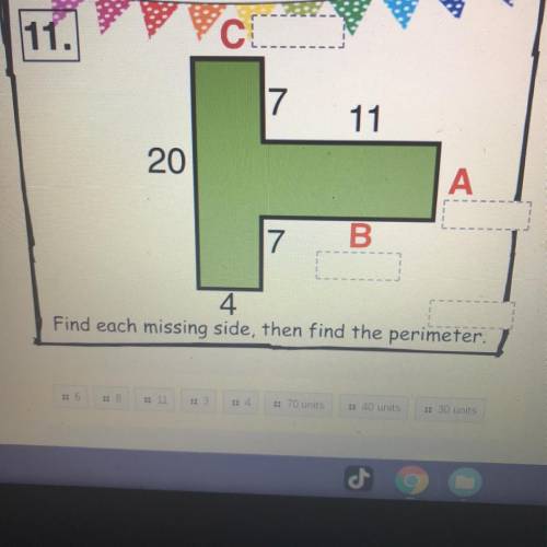 Find each missing side, then the perimeter. Please explain.