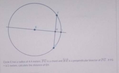 Circle E has a radius of 4.4 meters. FG is a chord and HE is a perpendicular bisector of FG. If FG
