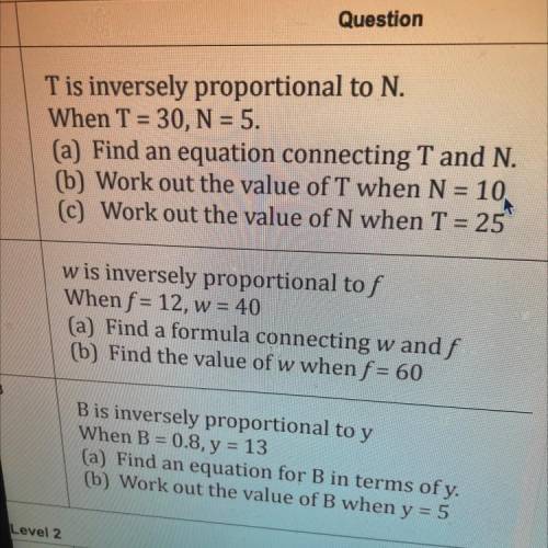 Level 1

Question
1
T is inversely proportional to N.
When T = 30, N = 5.
(a) Find an equation con