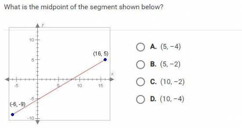 PLZ HELP ASAP! What is the midpoint of the segment shown below?

A. (5, -4)
B. (5, -2)
C. (10, -2)