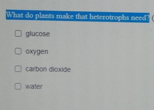 What do plants make that heterotrophs need? (= products) Select two choices Option 1. glucose Optio
