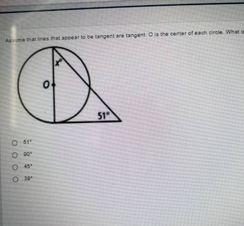 Assume that lines that appear to be tangent are tangent. O is the center of each circle. What is th