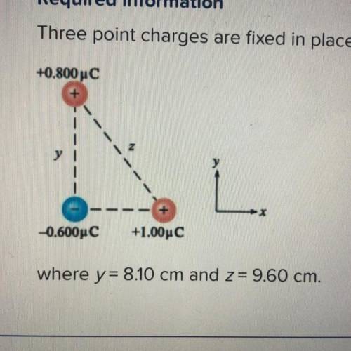 Three point charges are fixed in place in a right triangle, as shown in the figure.

What is the m