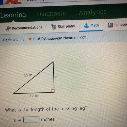 The hypotenuse of a right triangle is 15in and leg one is 12in how long is leg two