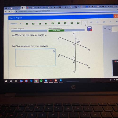 A) Work out the size of angle x.

A
100°
b) Give reasons for your answer.
B
+
E
F
Н.
G